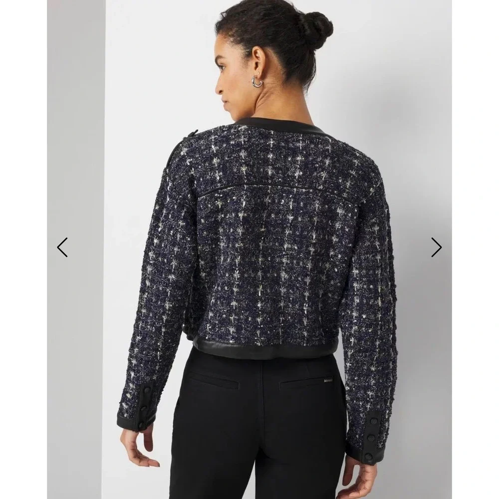 White House Black Market Cropped Tweed Sweater Jacket Small Edgy‎ Chic Academia